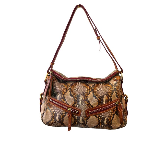Dooney & Bourke Python Snake Embossed Leather Shoulder Bag Brown Tan Tassel - Picture 2 of 13